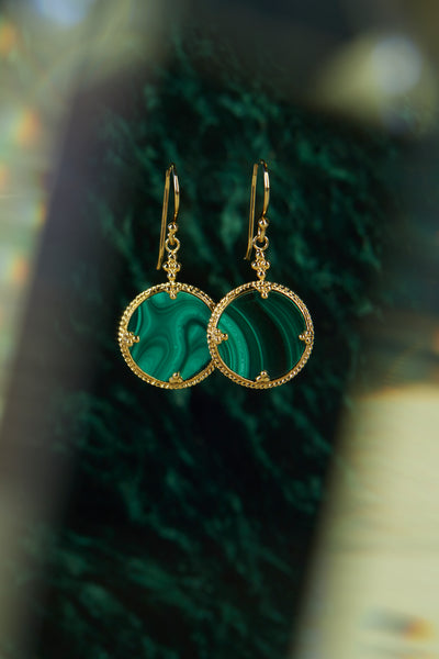 Boucles D'oreilles Avec Pierre Malachite - Métal Doré à Clips - Occasion